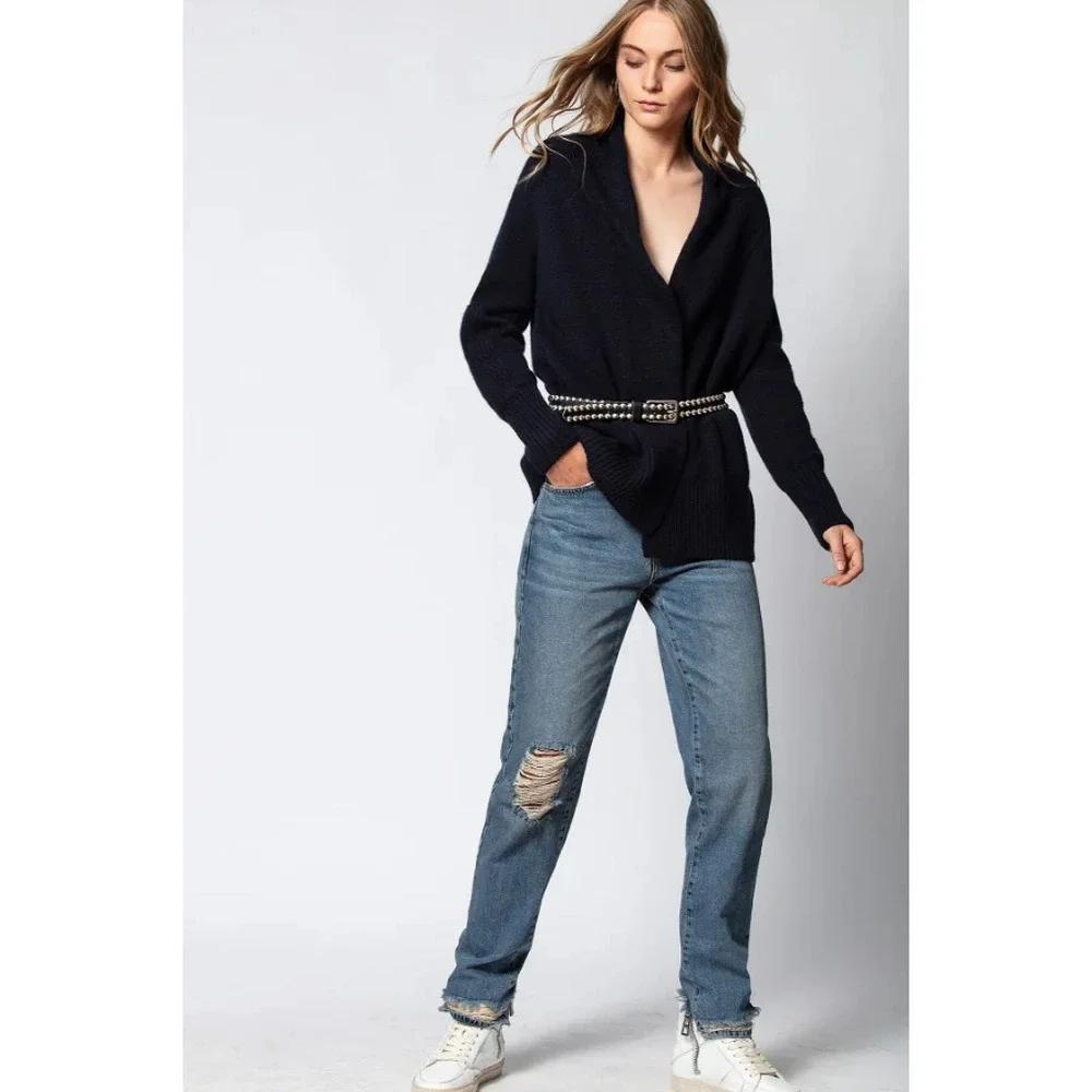 Zadig & Voltaire Cyan Cashmere Cardigan Navy Blue Open Front‎ Long Sleeve Sz M - Picture 2 of 12